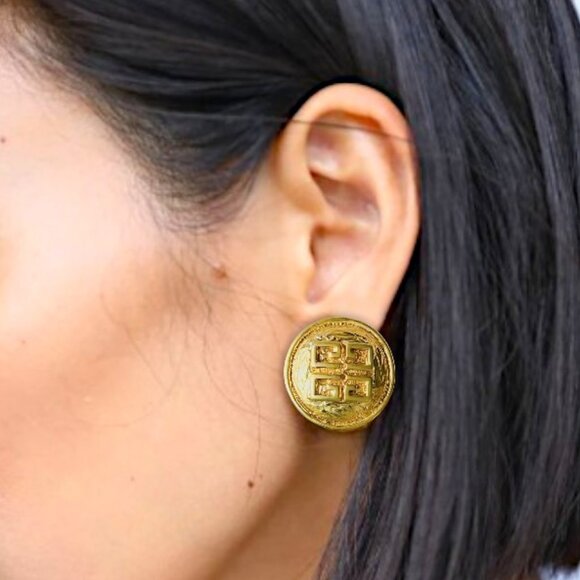 Vintage Givenchy France Brutalist Earrings, Designer, 1980's, 4G Logo, Clip-on - Picture 2 of 8